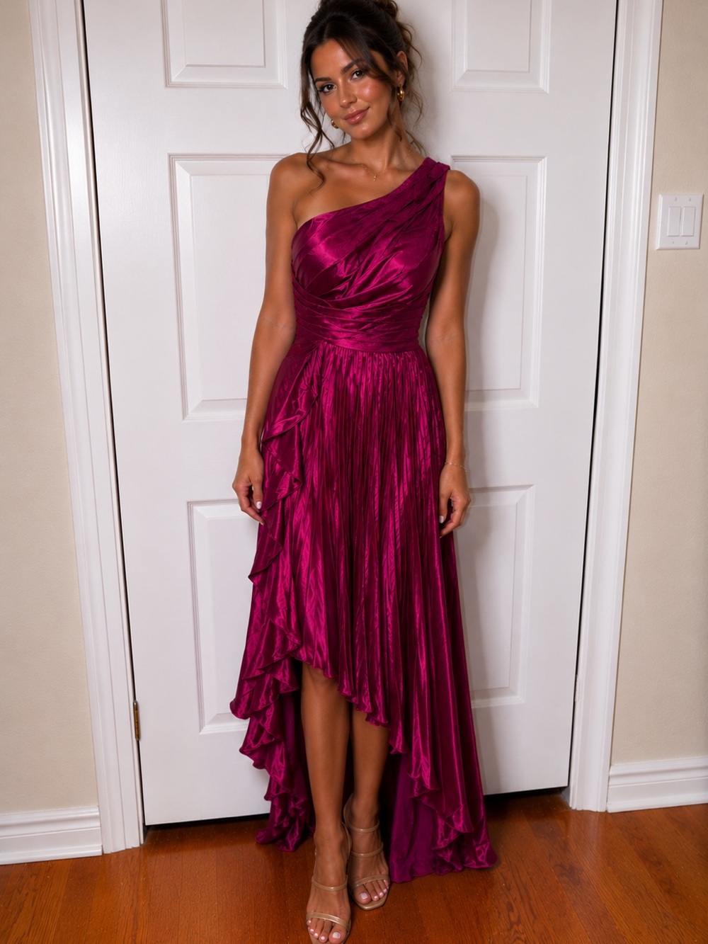 One-Shoulder Fuchsia Evening Gown
